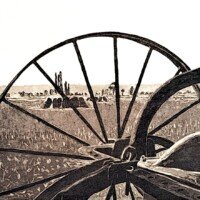 Juan C. Tedesco, avril 2024 - Vernis mou et aquatinte - Papier 30 x 38 cm - Plaque 15 x 20 cm. Édition à 12 exemplaires Gravure réalisée à l'aquatinte et à le vernis mou, représentant une roue de charrette au premier plan