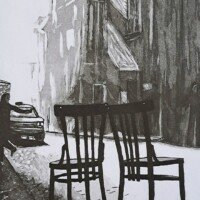 Juan C. Tedesco, décembre 2024 - Vernis mou, aquatinte - Papier 28 x 38 cm - Plaque 19,5 x 29,5 cm. Édition à 10 exemplaires Gravure de chaises aux tons foncés, réalisée à l'aquatinte et au vernis mou