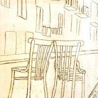 Juan C. Tedesco, junio 2023 - Aguafuerte - Papel 20 x 29 cm - Plancha 12 x 16 cm. Prueba de artista (P.A.) No hubo serie Grabado de unas sillas realizado con aguafuerte